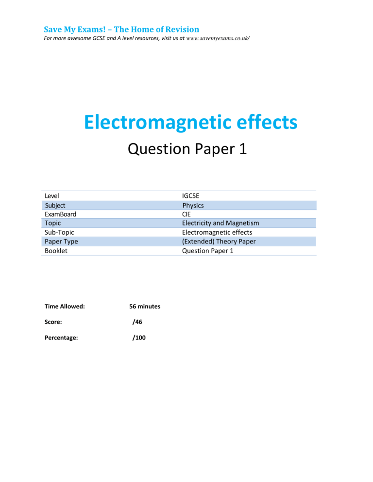 IGCSE Physics: Electromagnetic Effects Question Paper 1 (CIE)