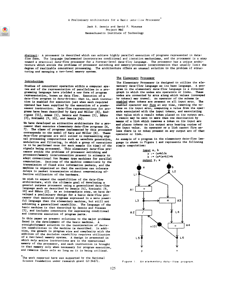 Data-Flow Processor Architecture: Preliminary Design by Dennis & Misunas