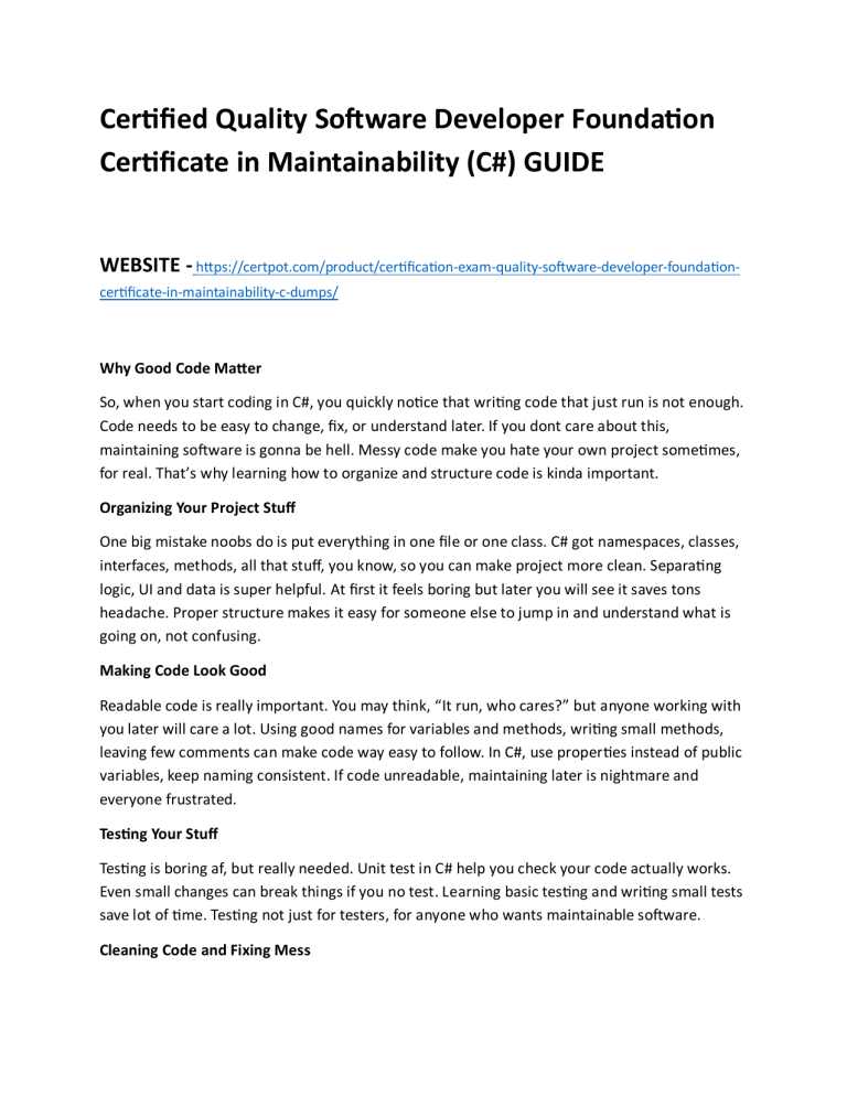 C# Maintainability Guide: Code Quality & Certification