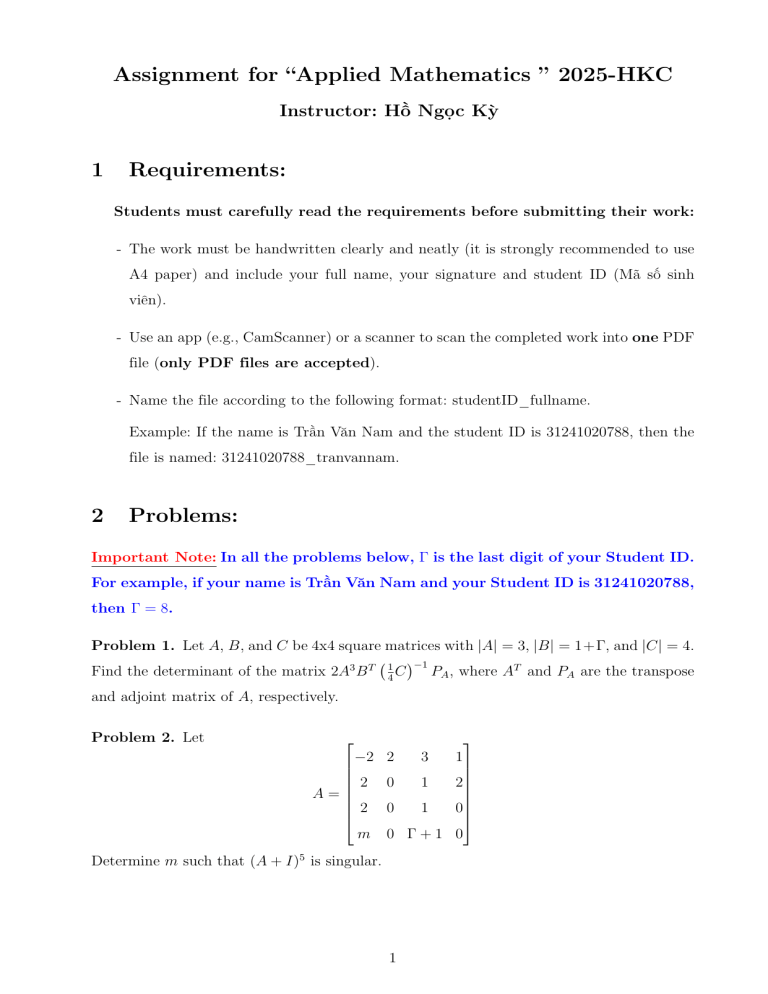 Applied Mathematics 2025-HKC Assignment: Matrices, Calculus, DEs
