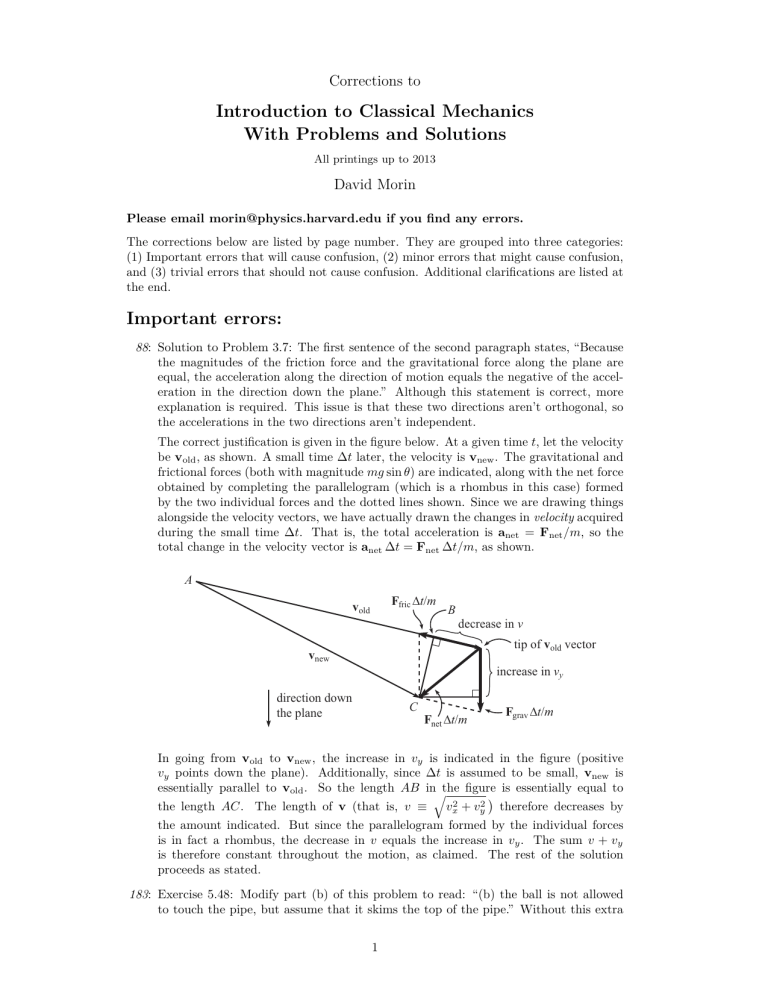 Corrections to Introduction to Classical Mechanics | David Morin
