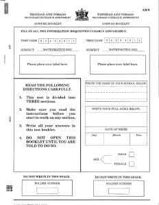 Trinidad and Tobago Secondary Entrance Assessment Mathematics 2023