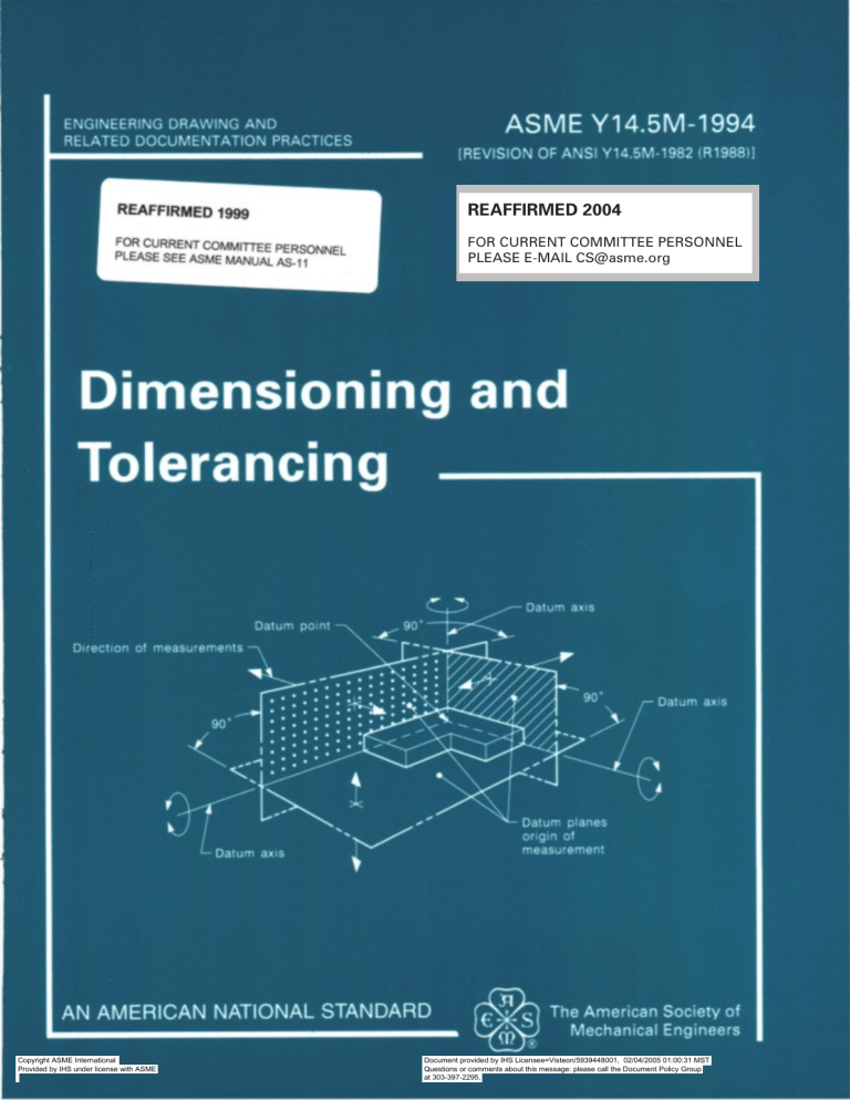 ASME Y14.5M-1994 Dimensioning and Tolerancing Standard