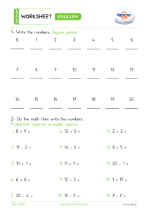 3. Sınıf İngilizce &Ccedil;alışma Sayfası: Sayılar ve Matematik