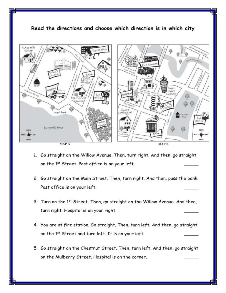 Map Reading Worksheet: Directions & City Landmarks