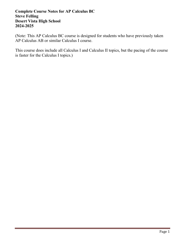 AP Calculus BC Course Notes: Limits, Derivatives, Integrals