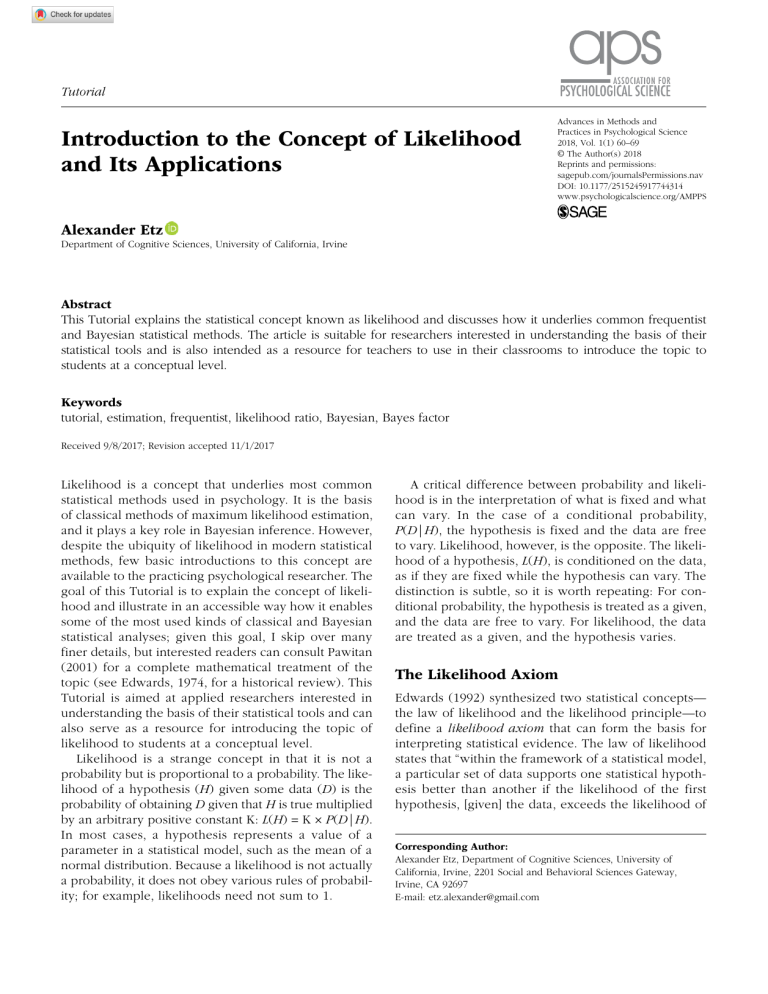 Likelihood Terminology Likelihood Concept & Applications: Statistical Tutorial for Psychology