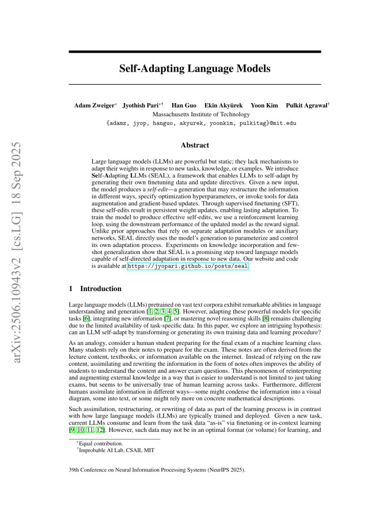 Self-Adapting Language Models (SEAL): RL for LLM Self-Adaptation