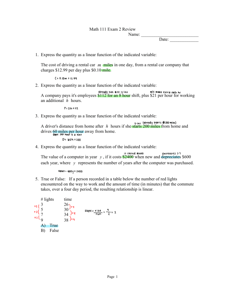 Math 111 Exam 2 Review: Linear, Systems, Quadratic Functions