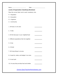 Levels of Organization Worksheet: Ecology Classification