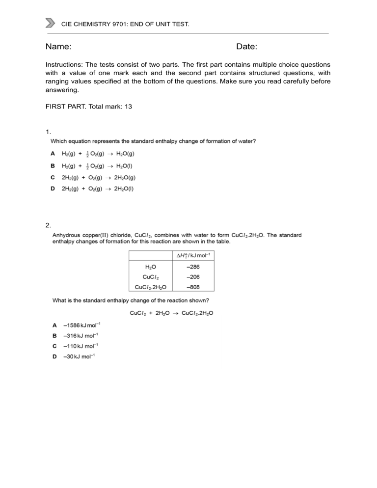 CIE Chemistry 9701 End of Unit Test