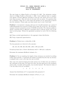 PSTAT 173 Risk Theory Quiz 4: Actuarial Science Problems & Solutions