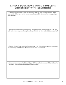 Linear Equations Word Problems Worksheet with Solutions