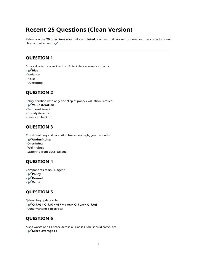 Machine Learning & RL Exam Questions