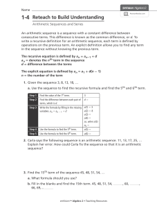 Arithmetic Sequences & Series: Algebra 2 Reteach Worksheet