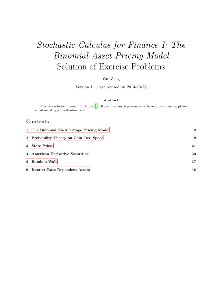 Stochastic Calculus for Finance I: Binomial Asset Pricing Model Solutions