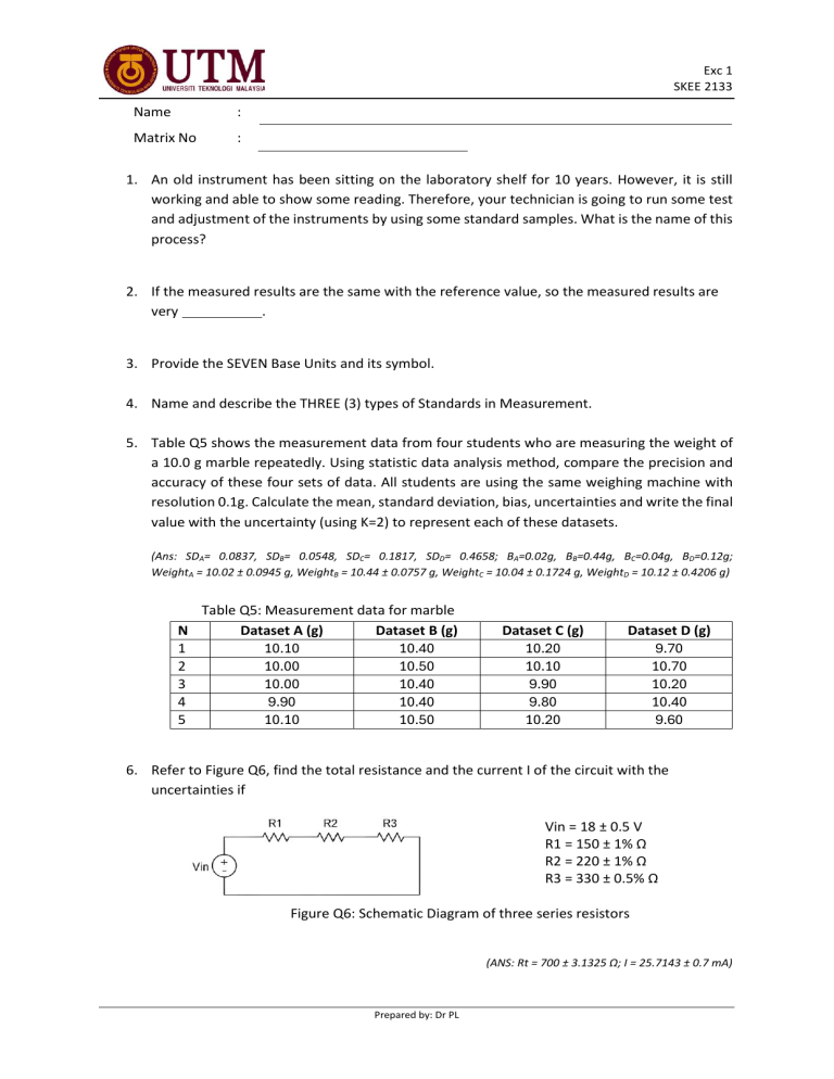 Engineering Measurement, Circuit Analysis & Statistics Exercise