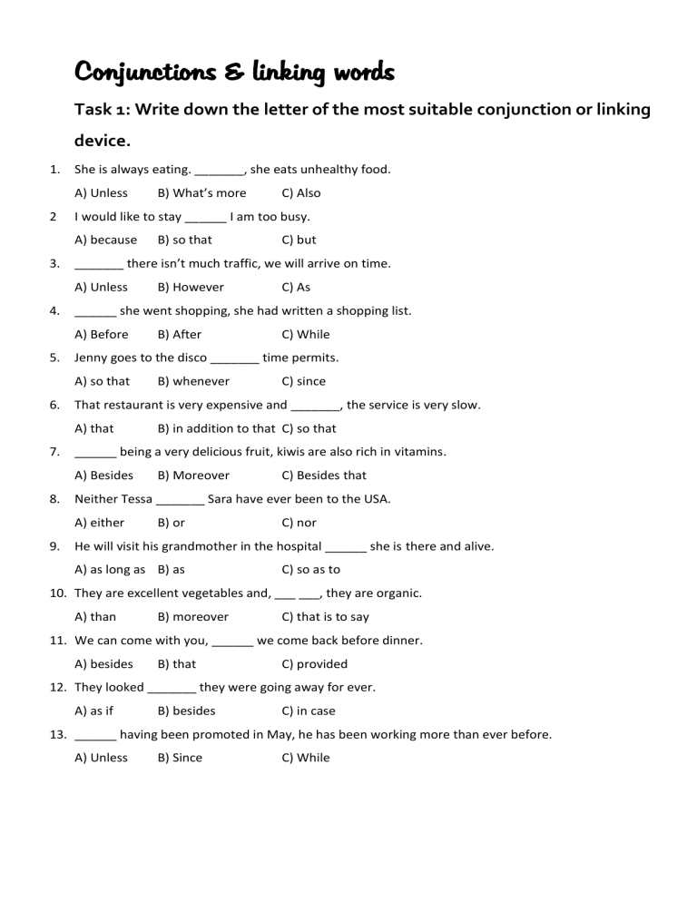 English Conjunctions & Linking Words Worksheet | Writing Guide