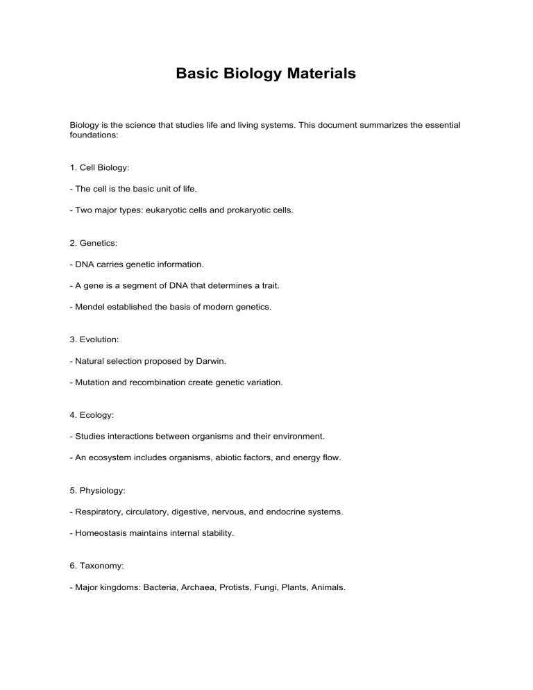 Basic Biology Summary: Cell Biology, Genetics, Evolution