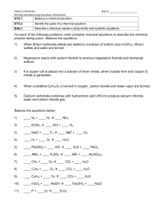 Honors Chemistry Worksheet: Writing and Balancing Equations