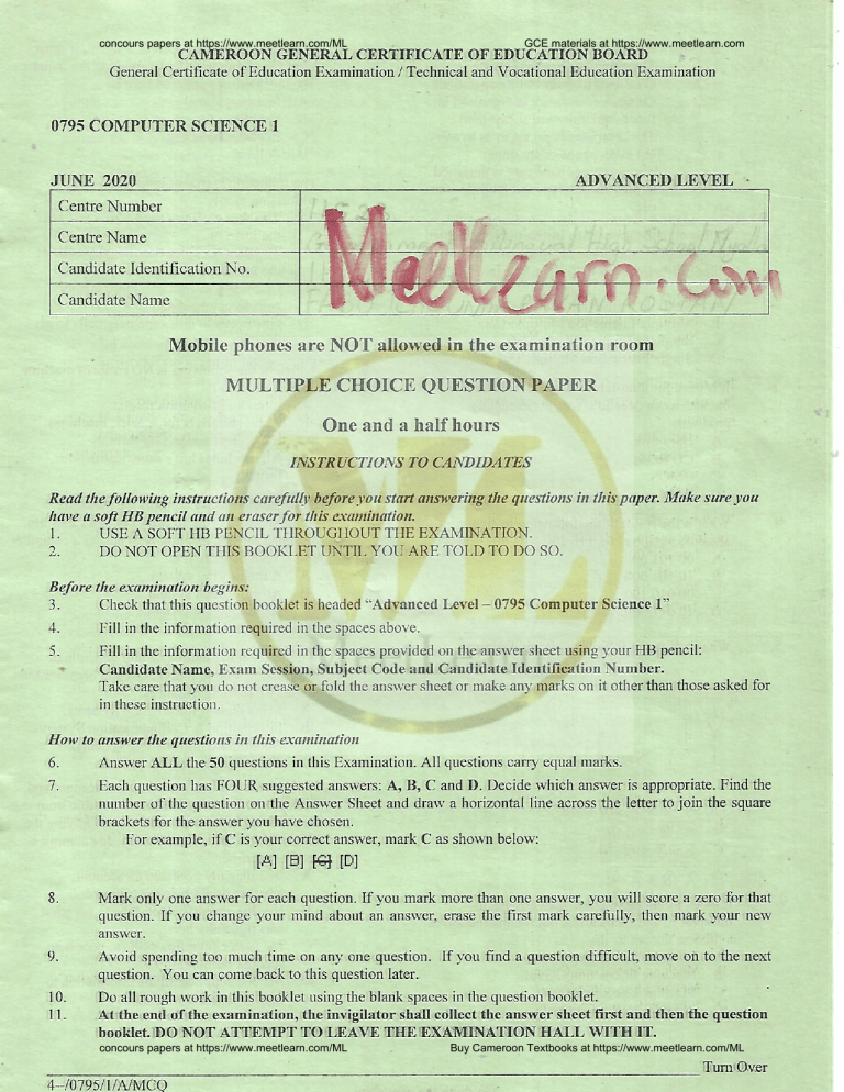 Computer Science 1 Exam Paper Advanced Level