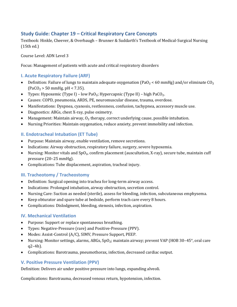 Critical Respiratory Care Concepts Study Guide for ADN Nursing Students