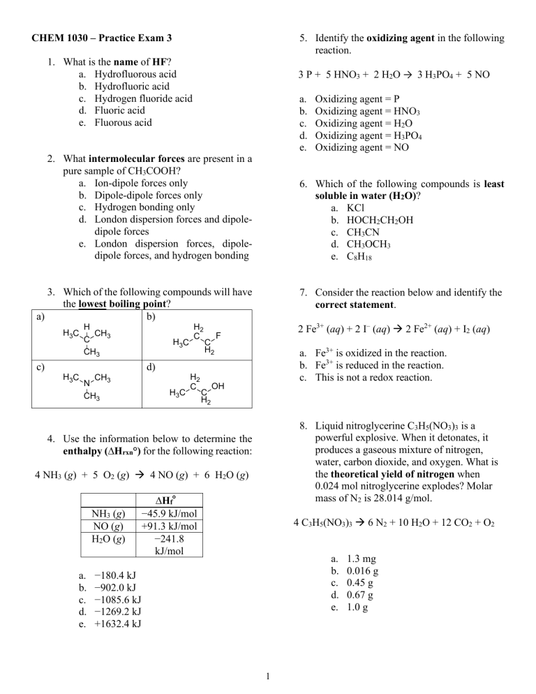CHEM 1030 Practice Exam 3: General Chemistry Questions & Answers