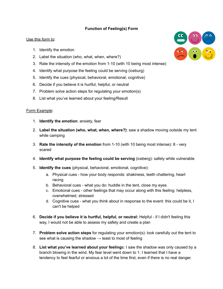 Functions Emotions Worksheet.pdf Function of Feeling(s) Form: Emotional Regulation Worksheet
