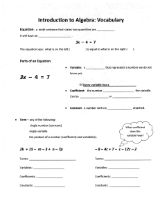Algebra Vocabulary Worksheet: Equations, Variables, Coefficients
