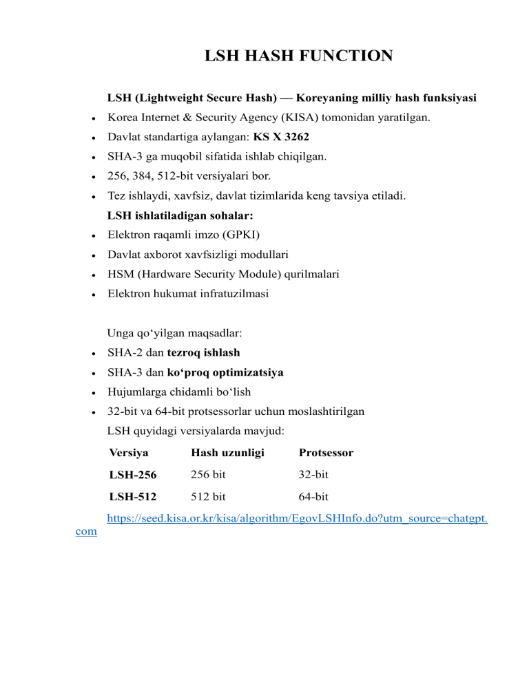 LSH Hash Function: Korean National Standard for Secure Hashing