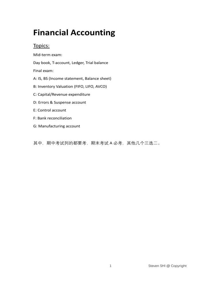 Financial Accounting: Mid-term & Final Exam Topics, T-Accounts & Ledgers