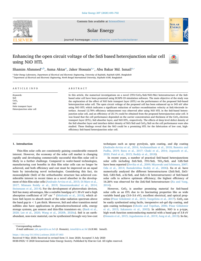 Enhancing SnS Solar Cell Open Circuit Voltage with NiO HTL