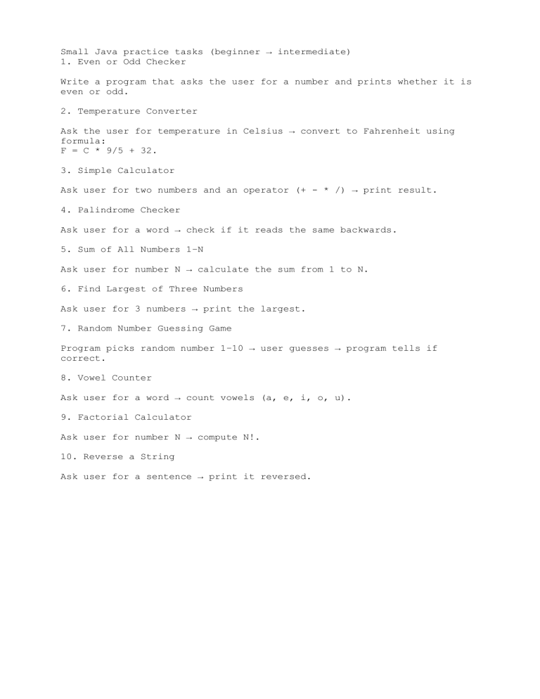 Java Practice Tasks: Beginner to Intermediate Programming Exercises