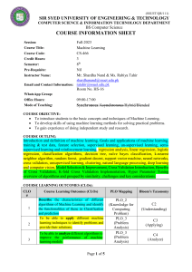 Machine Learning Course Syllabus - SSUET BS Computer Science Fall 2023