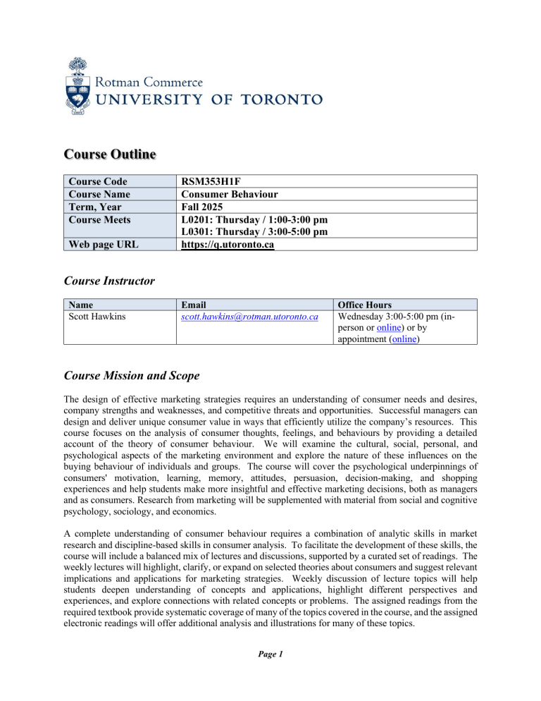 RSM353H1F Consumer Behaviour Course Outline - Fall 2025