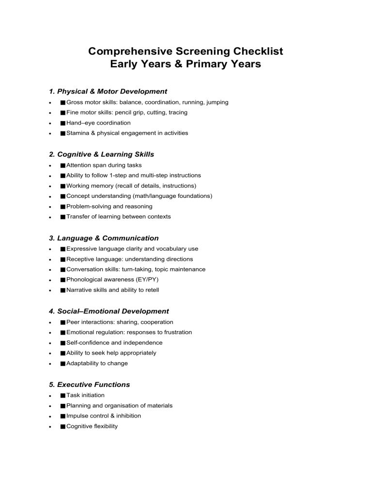 Screening Checklist Examples Comprehensive Screening Checklist for Early Years & Primary Years