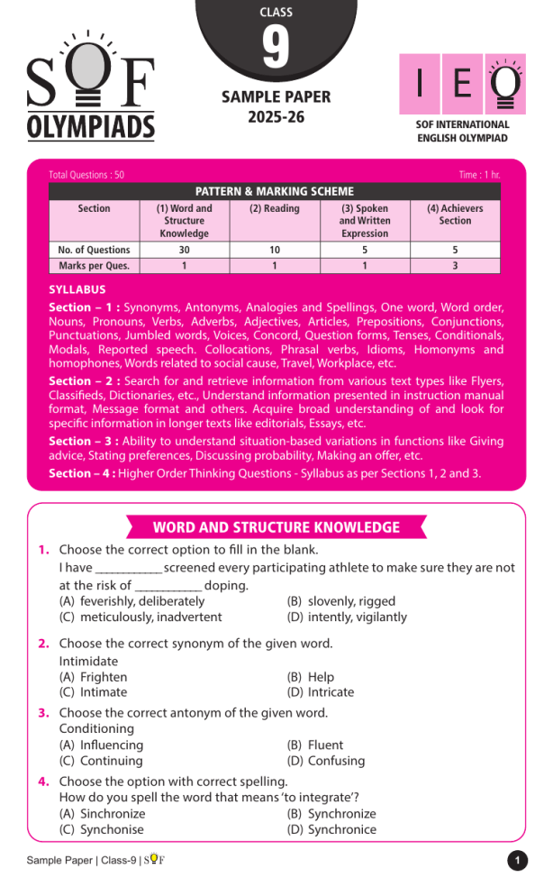SOF International English Olympiad Class 9 Sample Paper 2025-26