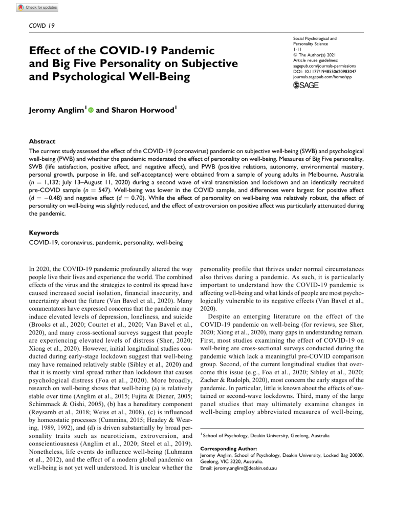 COVID-19 Pandemic, Personality, & Well-Being: A Study on Effects