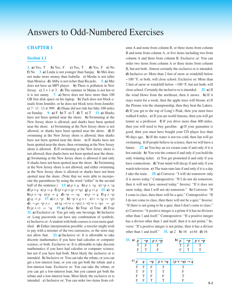 Discrete Mathematics: Answers to Odd-Numbered Exercises Chapter 1