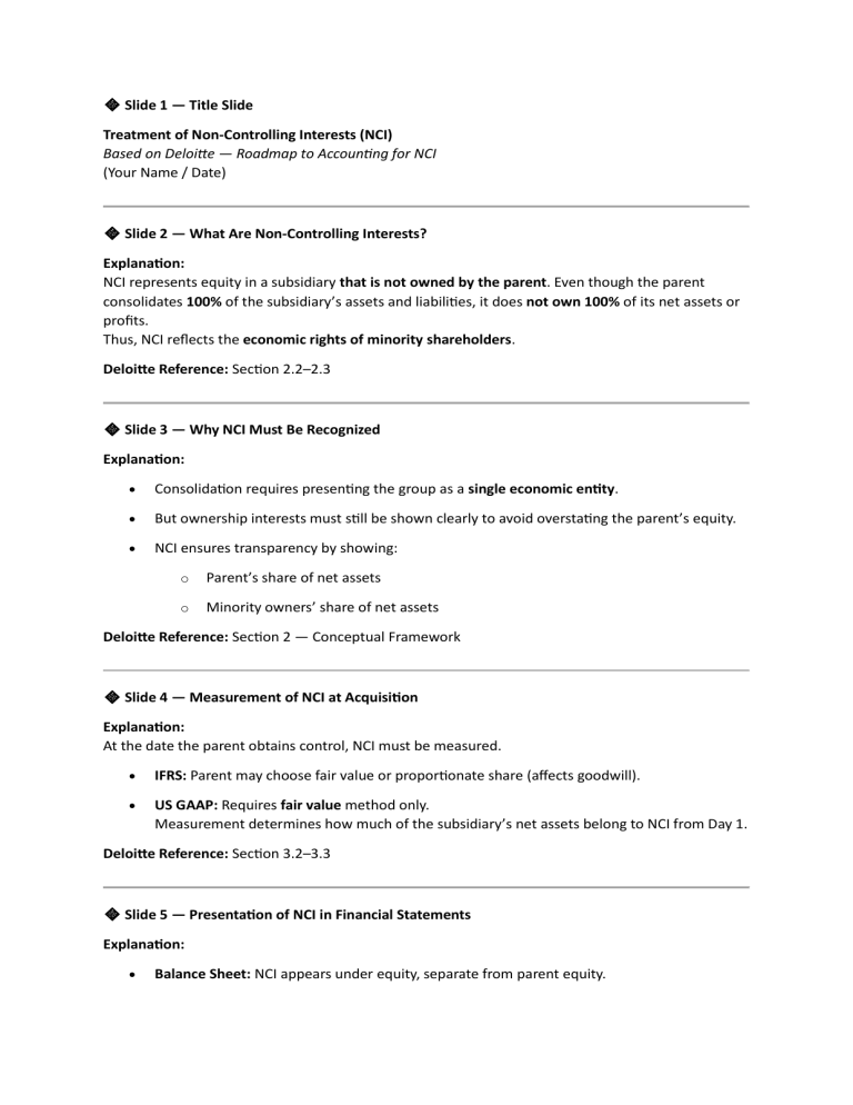 Treatment of Non-Controlling Interests (NCI)