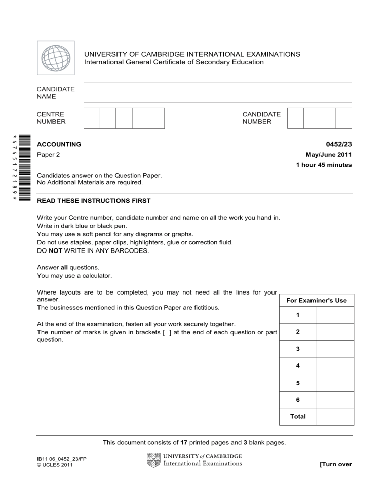 0452 IGCSE Accounting 0452/23 M/J/11 Past Paper