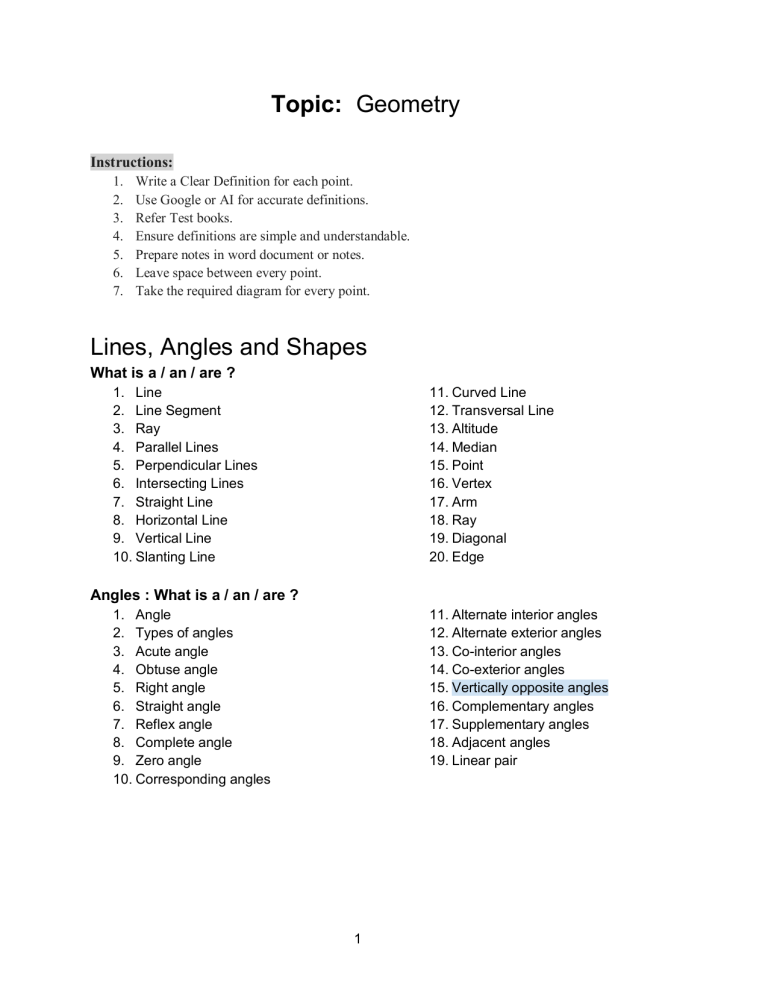 Geometry Study Guide: Lines, Angles, Shapes, Polygons & 3D Forms