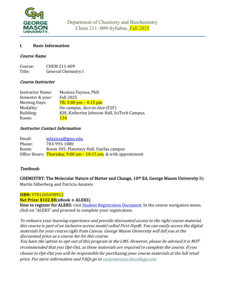 CHEM 211-009 Syllabus Fall 2025: General Chemistry I