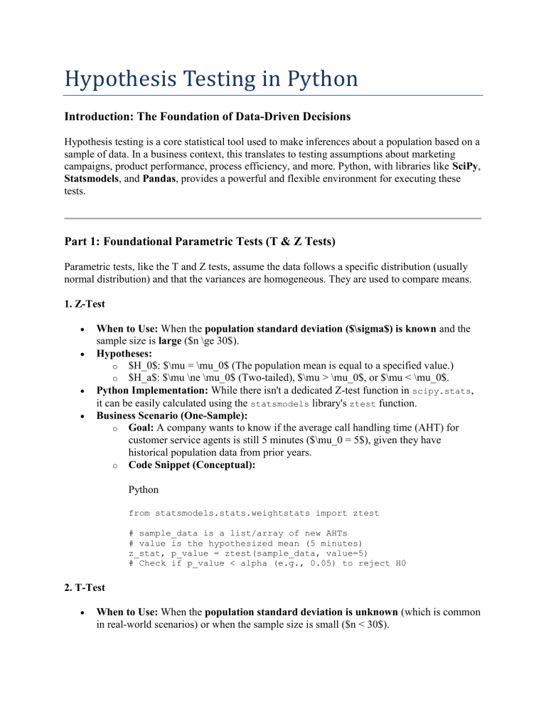 Hypothesis Testing in Python: Z, T, ANOVA, Chi-Squared Tests