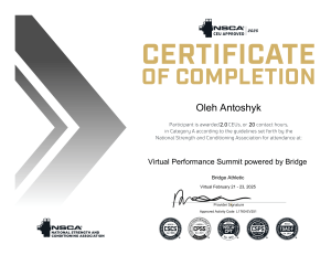 Oleh Antoshyk: NSCA Virtual Performance Summit Completion Certificate