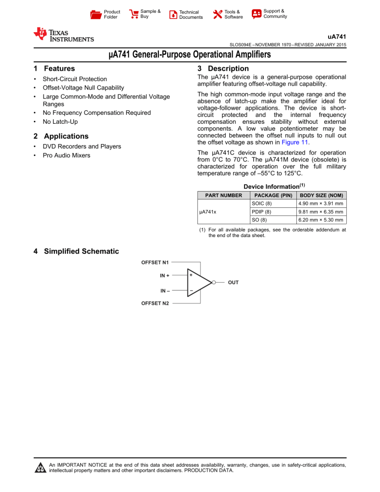 µA741 Op-Amp Datasheet | Texas Instruments