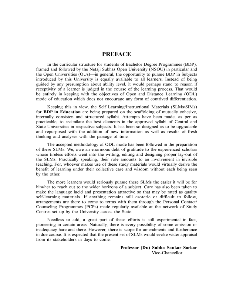 Preface to BDP in Education SLMs | NSOU
