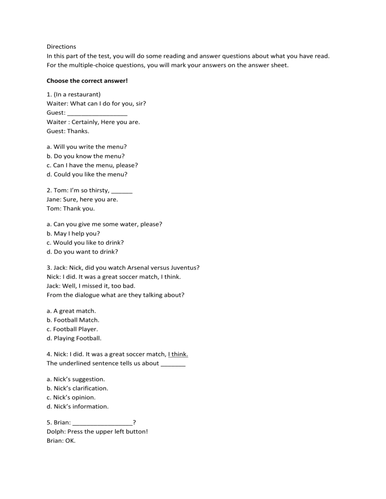 English Language Test: Reading Comprehension Questions