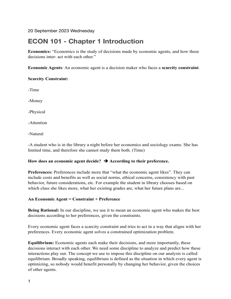 ECON 101: Chapter 1 Introduction to Economics - Key Concepts