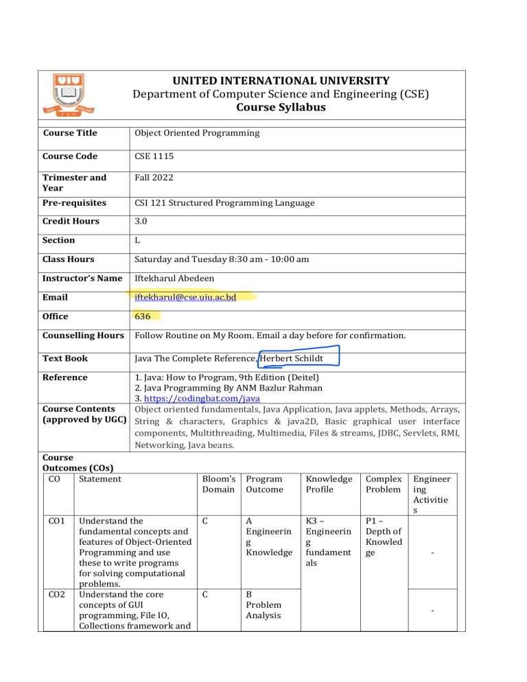 Object Oriented Programming Course Syllabus - CSE 1115